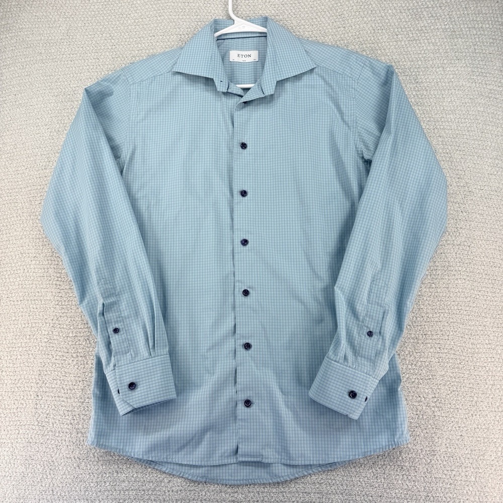 Eton Dress Shirt Mens Med 39 / 15.5 Blue Gingham Micro Check Plaid Slim Fit
